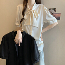 批发大码<b class='q'>蝴蝶结</b><b class='q'>衬衫</b>女夏季胖MM高级感短袖缎面<b class='q'>衬衣</b>雪纺上衣