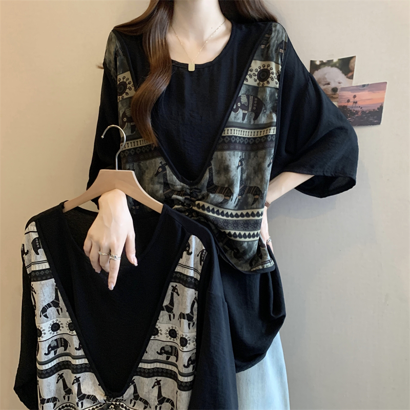 레트로 표지 배 느긋한 바람 페이크 레이어드 반팔 티셔츠 여성 여름 마이크로 지방 자매 빅 사이즈 루즈핏 다용도 맨위