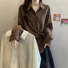 批发咖啡色竖<b class='q'>条纹</b>长袖<b class='q'>衬衫</b>大码女装2026早秋季新款胖mm中长款收腰上衣