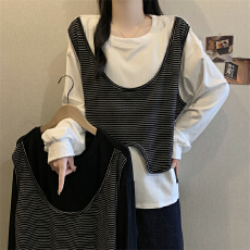 批发大码假两件条纹加绒长袖T恤女<b class='q'>秋</b>冬季胖mm宽松显瘦遮肚中长款上衣