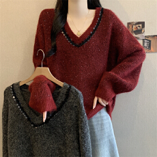 批发新品胖mm韩版亮片红色长袖毛衣女2025<b class='q'>冬</b>季新款加厚慵懒针织衫上衣