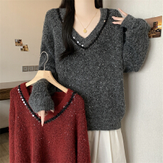 批发独特亮片V领长袖毛衣秋季2025新款大码女装胖mm宽松慵懒针织上衣