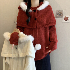 批发过年氛围感连帽红色毛衣女秋冬大码胖mm慵懒巨好看针织上衣