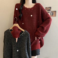 批发新品大码女装红色重工钉珠亮片高级感毛衣胖妹妹遮肚百搭针织上衣