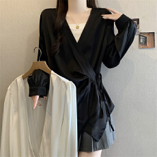 批发大码法式V领交叉绑带缎面长袖衬衫女春<b class='q'>秋</b>胖mm显瘦上衣遮肚打底衫