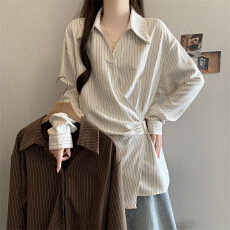 批发不规则条纹长袖<b class='q'>打底衬衫</b>女春秋新款大码胖mm显瘦系带收腰遮肚上衣