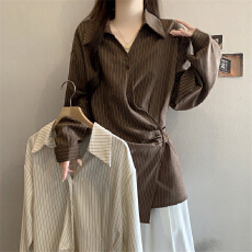 批发法式独特v领条纹长袖<b class='q'>衬衫</b>女2026春装大码胖mm收腰遮肚不规则上衣