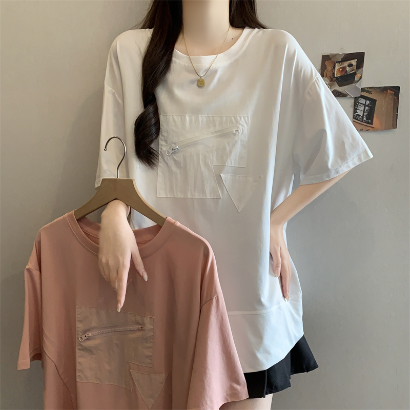 불규칙 유럽 상품 긍정적 인 어깨 반팔 티셔츠 여성 여름 빅 사이즈 기본 셔츠 지방 mm 슬림해 보이는 디자인 센스 지퍼 맨위