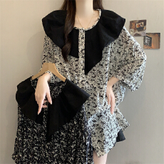 批发法式V领碎花<b class='q'>短袖</b><b class='q'>雪纺衫女</b>2026夏大码胖mm中长款娃娃领七分袖上衣