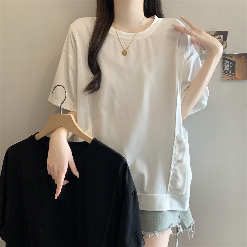 화이트 긍정적 인 어깨 반팔 티셔츠 여성 2026 여름 새로운 빅 사이즈 지방 mm 루즈핏 표지 배 측면 주머니 맨위