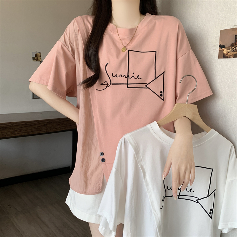 라이트 핑크 긍정적 인 어깨 자수 반팔 티셔츠 여성 여름 새로운 빅 사이즈 지방 mm 루즈핏 표지 배 불규칙 맨위