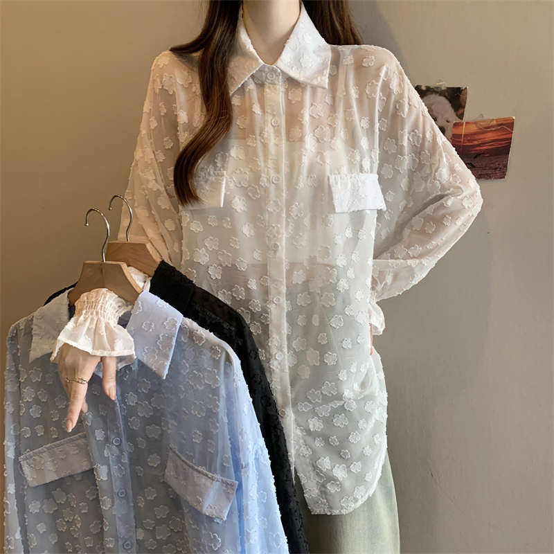 레이스 홀로우 아웃 자카드 긴팔 화이트 여성 셔츠 여름 빅 사이즈 지방 mm 루즈핏 표지 배 POLO 칼라 맨위