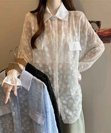 레이스 홀로우 아웃 자카드 긴팔 화이트 여성 셔츠 여름 빅 사이즈 지방 mm 루즈핏 표지 배 POLO 칼라 맨위