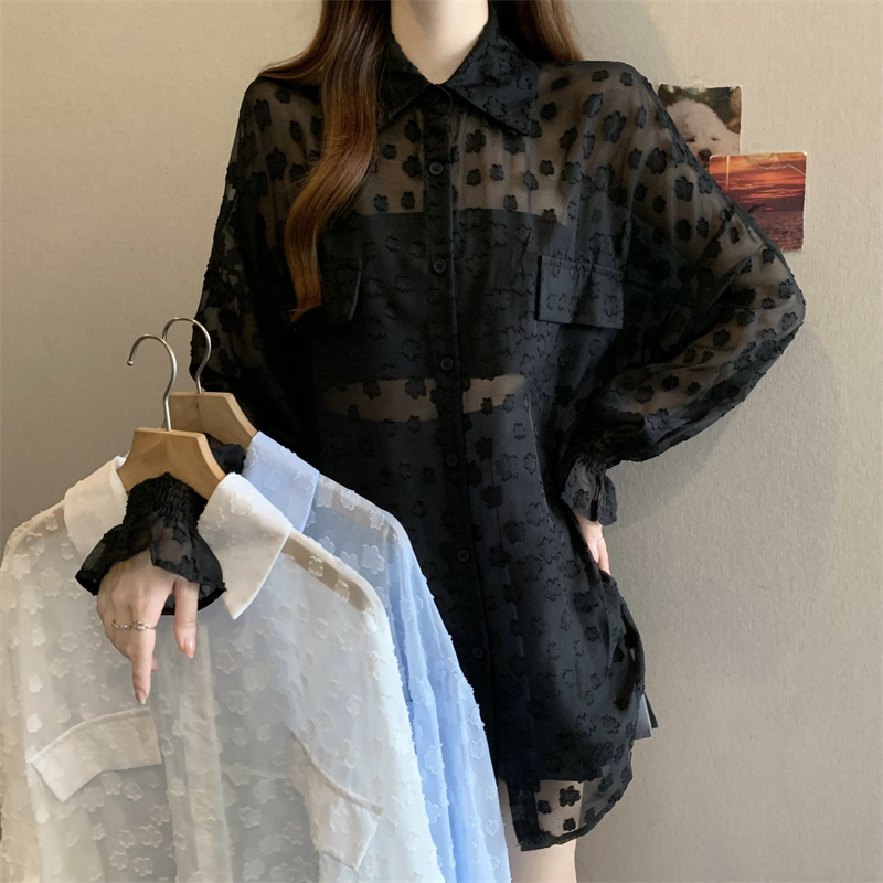 레이스 자카드 긴팔 자외선 차단 여성 셔츠 여름 2026 빅 사이즈 지방 mm 슬림해 보이는 고급 디자인 센스 홀로우 아웃 맨위