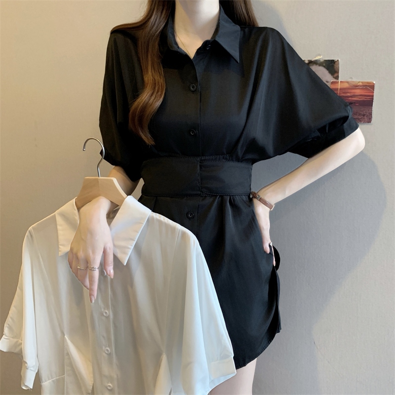 빅 사이즈 셔츠 세트 여성 여름 새로운 품격 허리 수축 POLO 칼라 셔츠 맨위 캐주얼 반바지 투피스 세트