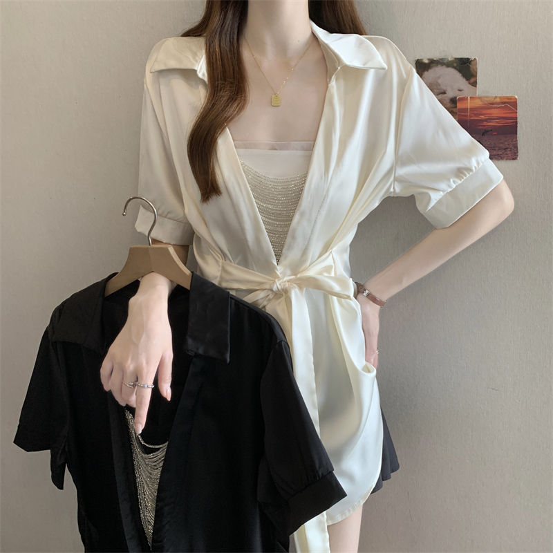 체인 V넥 반팔 만나는 여성 셔츠 여름 2026 빅 사이즈 지방 mm 슬림해 보이는 중간 길이 레이스업 허리 수축 맨위