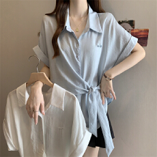 批发不规则系带收腰短袖衬衫女2026夏大码胖mm小飞袖显瘦洋气小衫上衣