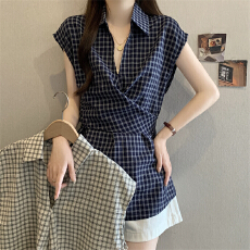 批发复古格子V领短袖<b class='q'>打底衬衫</b>女夏季2026大码胖mm显瘦收腰遮肚子上衣