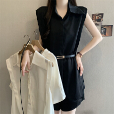 批发轻奢黑色雪纺衬衫套装女夏新款<b class='q'>大码</b>胖mm无袖上衣休闲短裤两件套