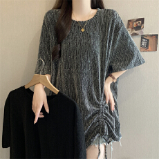 批发不规则短袖T恤打底衫女夏装新款<b class='q'>大码</b>胖mm显瘦设计感抽绳亮丝上衣