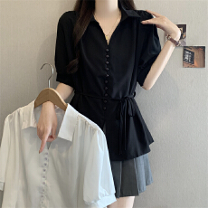 批发高级感黑色V领正肩短袖衬衫女2026夏季新款<b class='q'>大码</b>胖mm收腰显瘦上衣