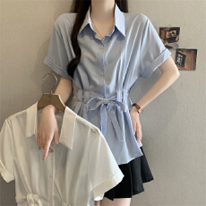 批发浅蓝色正肩短袖衬衫女2026夏季<b class='q'>大码</b>胖mm独特漂亮收腰绑带遮肚上衣