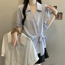 批发不规则交叉V领长袖打底衬衫女<b class='q'>春</b>秋大码胖mm显瘦系带收腰遮肚上衣