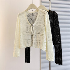 批发大码新款勾花镂空薄款长袖针织胖M防晒开衫宽松披肩外套上衣