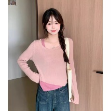 批发粉色假两件长袖<b class='q'>针织衫</b>女