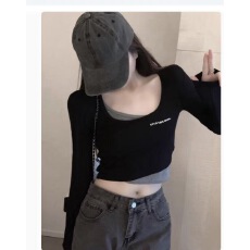 批发假两件jazz<b class='q'>爵士舞</b><b class='q'>服装</b>女秋季设计感小众打底两件套短款街舞上衣潮