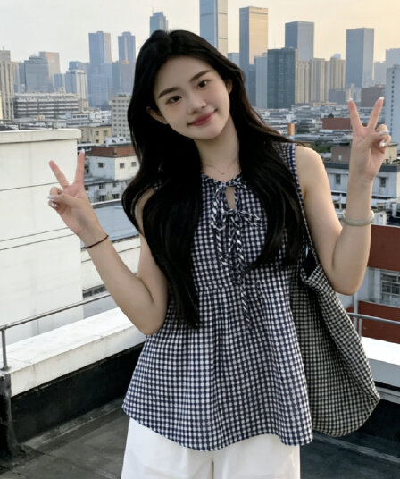 체크무늬 조끼 셔츠 맨위 여성