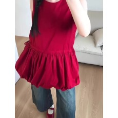 批发多巴胺红色花苞衬衫上衣女