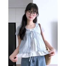 批发木耳边假两件衬衫上衣女