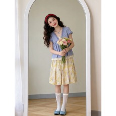 批发假两件格子衬衫碎花衬衫上衣女