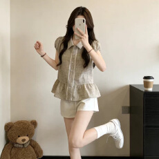 批发蕾丝拼接格子衬衫上衣女