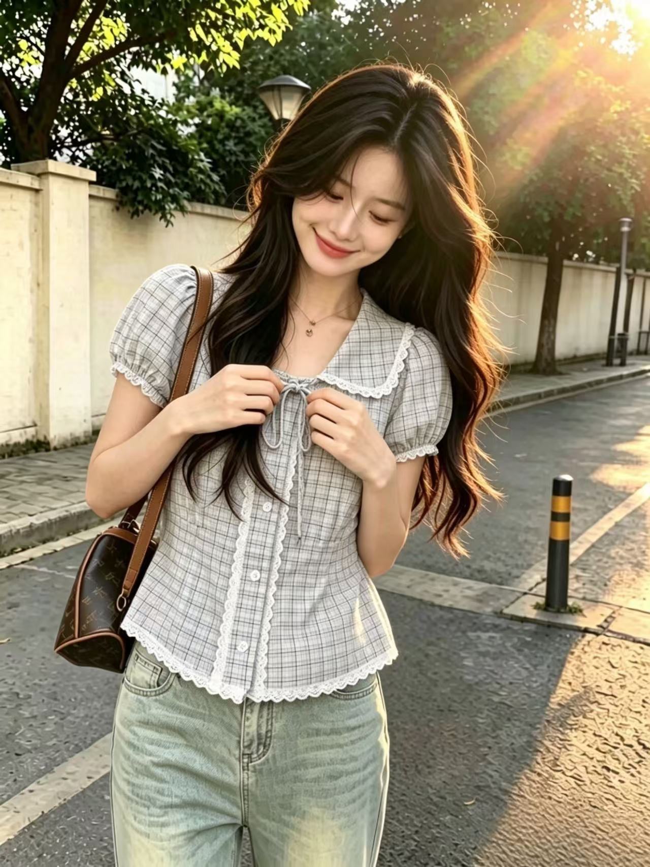 레이스 레이스 격자 무늬 셔츠 맨위 여성