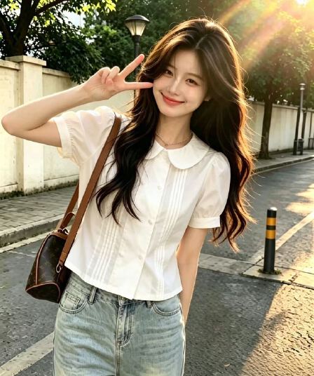 베이비 칼라 흰 셔츠 맨위 여성