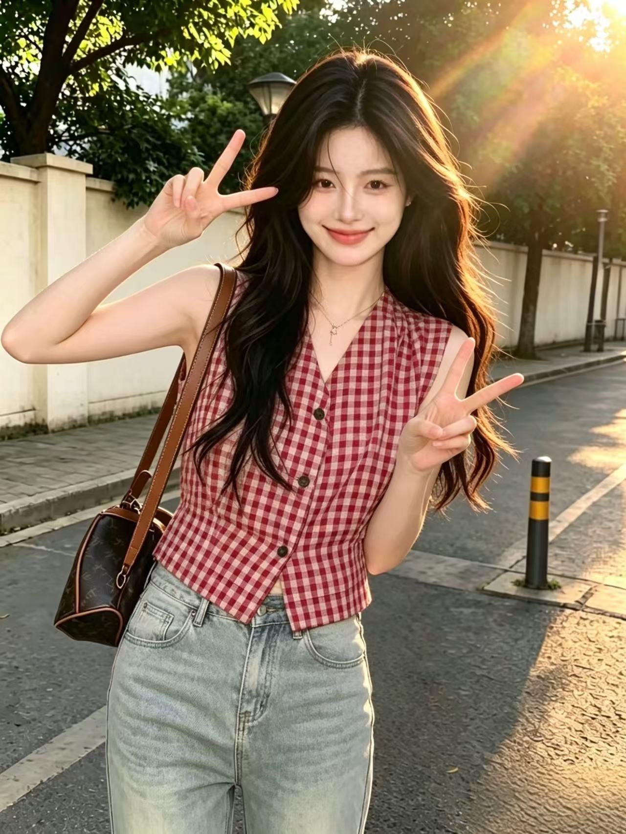 빨간색 체크무늬 조끼 V넥 허리 수축 쇼트 스타일 맨위 여성