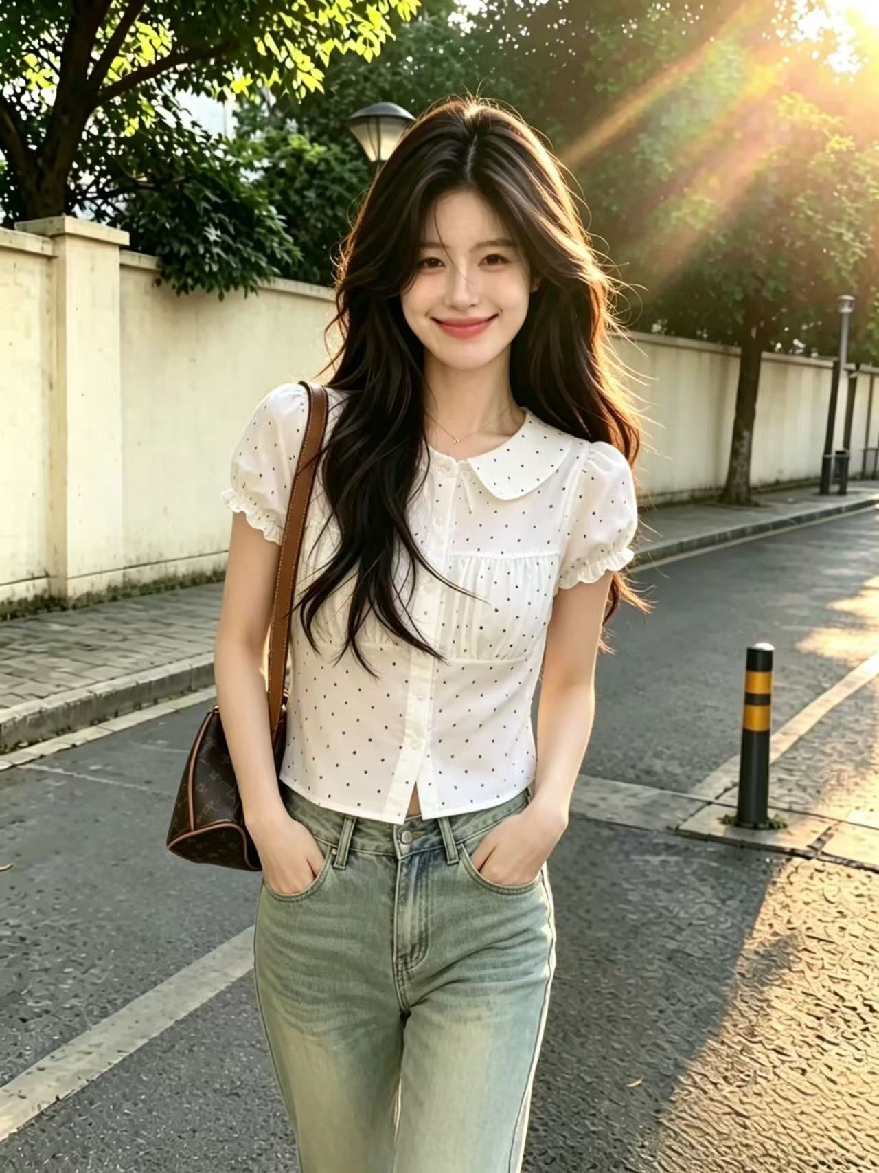 베이비 칼라 도트 무늬 셔츠 거품 소매 맨위 여성
