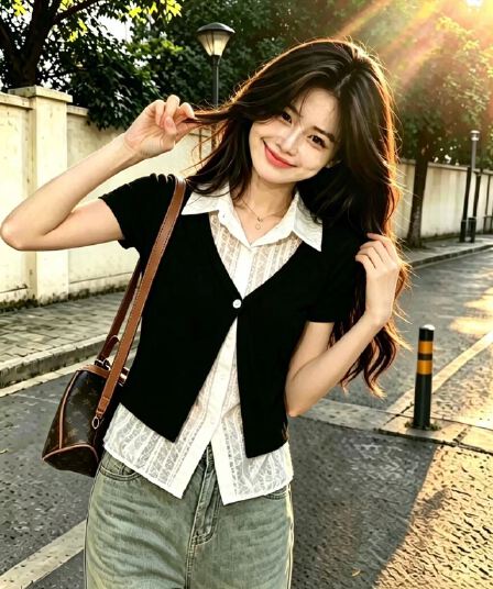 페이크 레이어드 패치워크 레이스 셔츠 맨위 여성