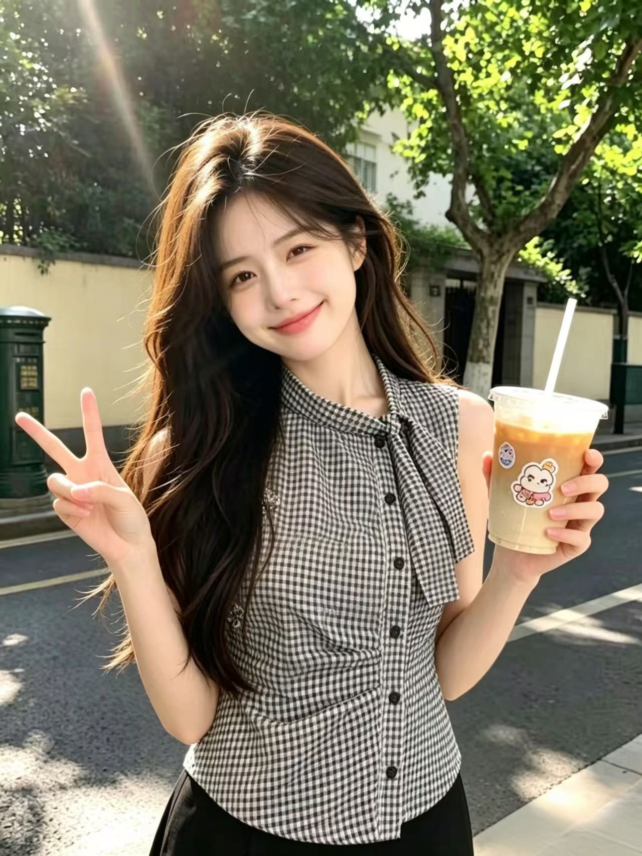 흑인과 백인 체크무늬 꼬집기 허리 민소매 셔츠 맨위 여성