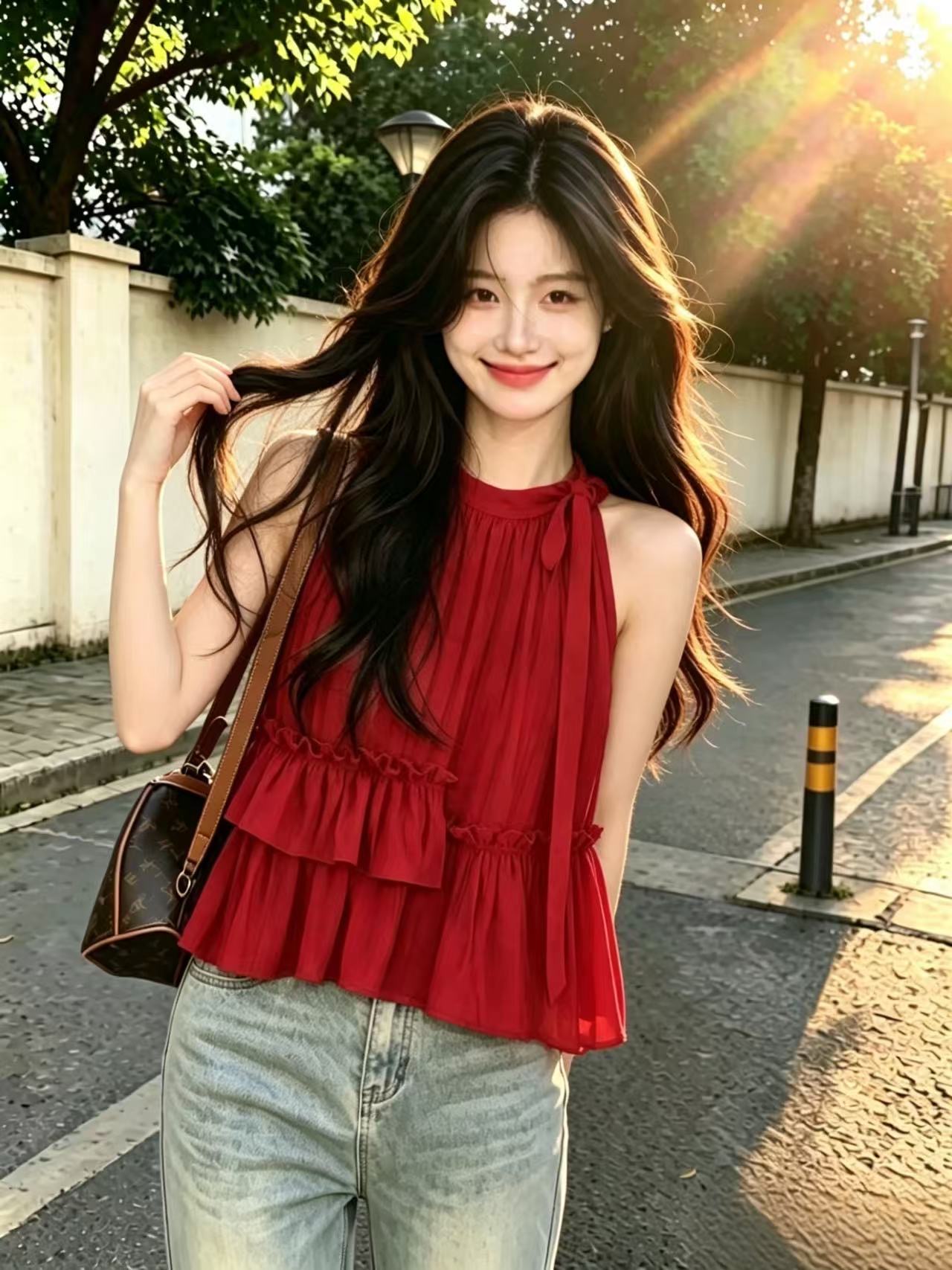 레트로 빨간색 행침 목 프릴 셔츠 맨위 여성