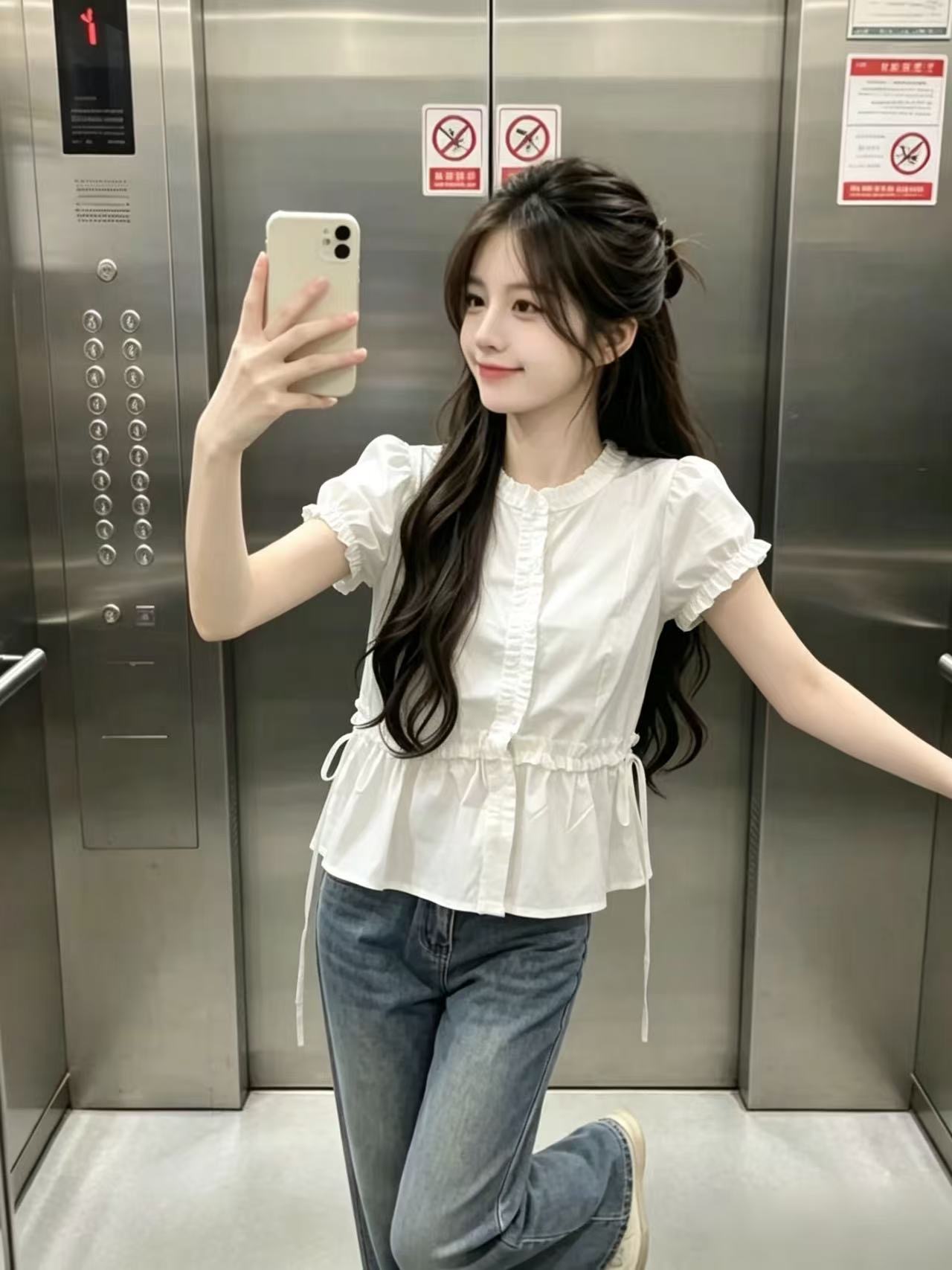 프릴 거품 소매 허리 수축 셔츠 맨위 여성