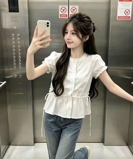 프릴 거품 소매 허리 수축 셔츠 맨위 여성