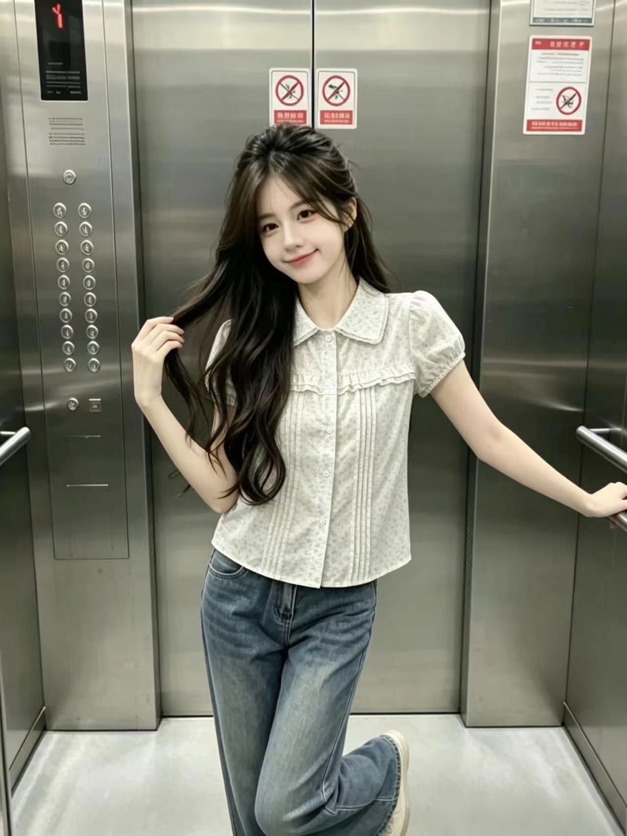 꽃무늬 레이스 레이스 베이비 칼라 짧은 셔츠 맨위 여성