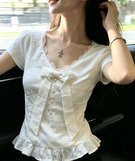V넥 나비 매듭 거품 소매 셔츠 맨위 여성