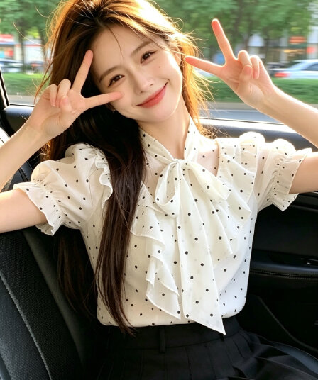 나비 매듭 프릴 도트 무늬 셔츠 맨위 여성