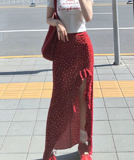 꽃무늬 불규칙 트임 반신 스커트 여성