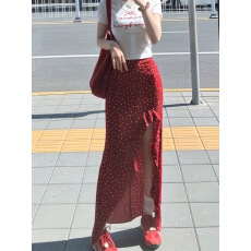 批发碎花不规则开叉半身裙女