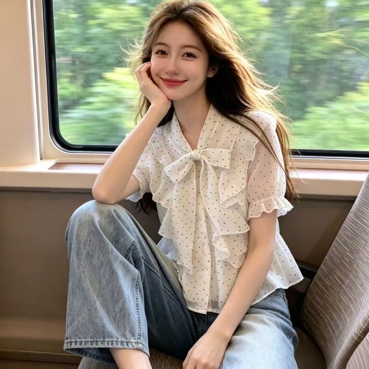 나비 매듭 레이스 업 셔츠 맨위 여성